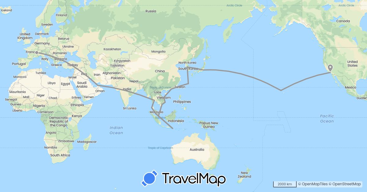 TravelMap itinerary: driving, plane in United Arab Emirates, Switzerland, China, Indonesia, Japan, South Korea, Malaysia, Singapore, Thailand, Turkey, United States, Vietnam (Asia, Europe, North America)